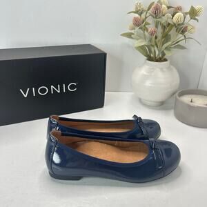 Vionic Amorie Patent Leather Flats Slip On Comfort Shoes Navy Women 5 Wide NWB
